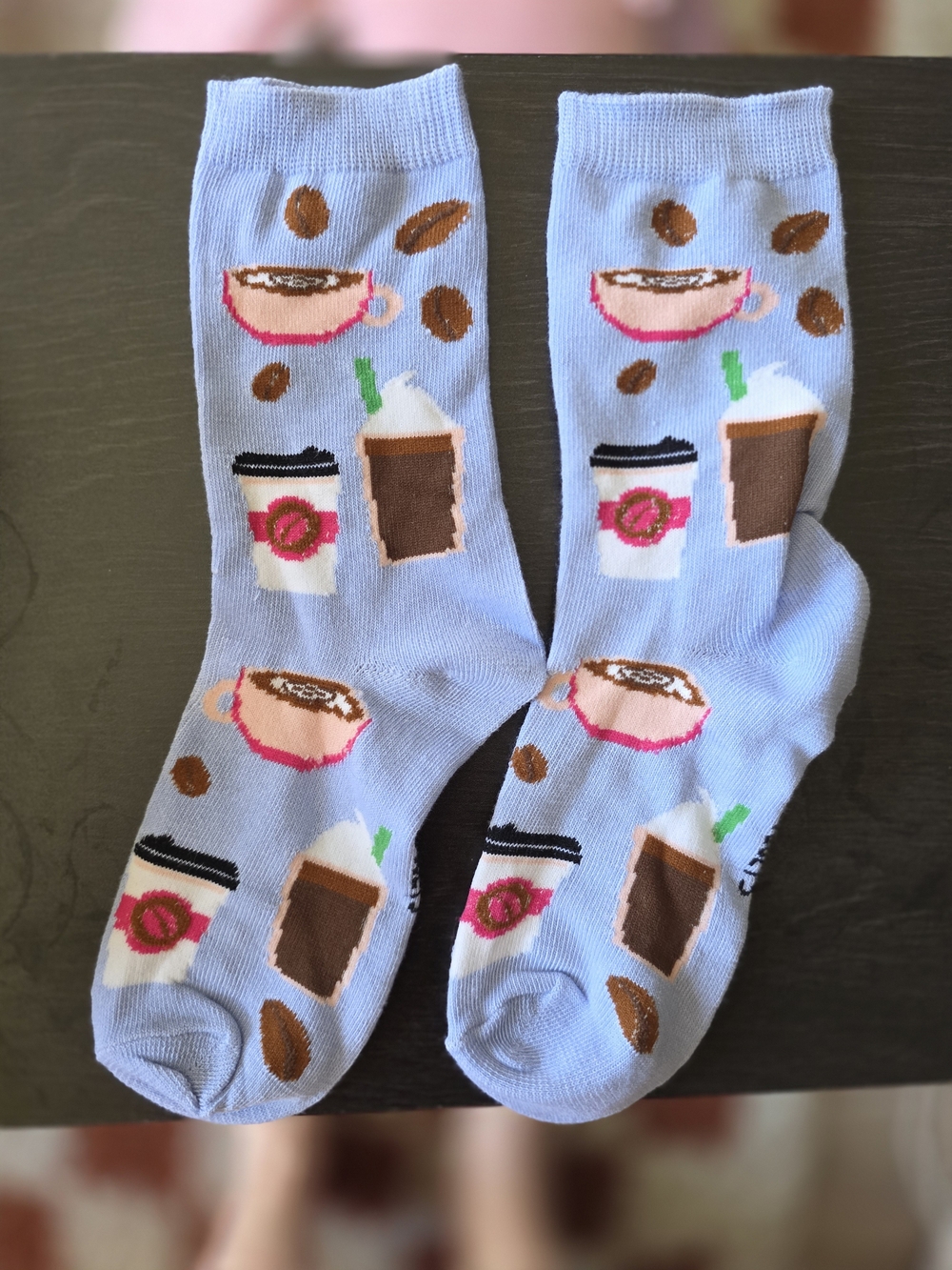 Light Blue Coffee Pattern Crew Socks for Men